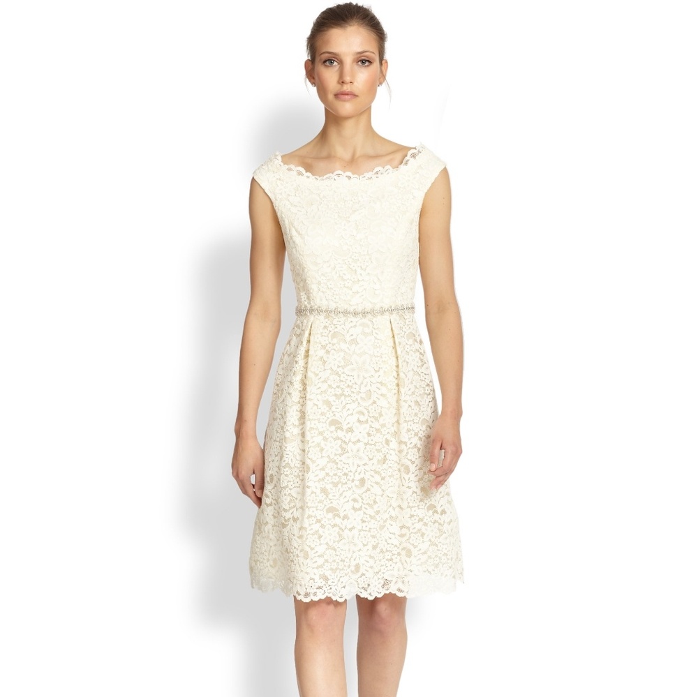 Teri Jon Lace Off-Shoulder Dress in Natural